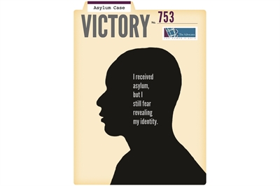 [ai] A silhouette of a person's profile on a folder labeled 'Victory No. 753' with the text: 'I received asylum, but I still fear revealing my identity.' The background is a light color.